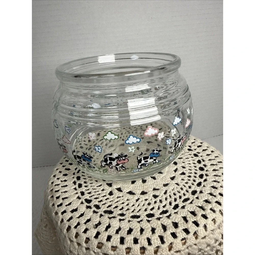KIG Indonesia Vintage Glass Candy Jar Cannister Apothecary Lid Happy Cows. 5X5